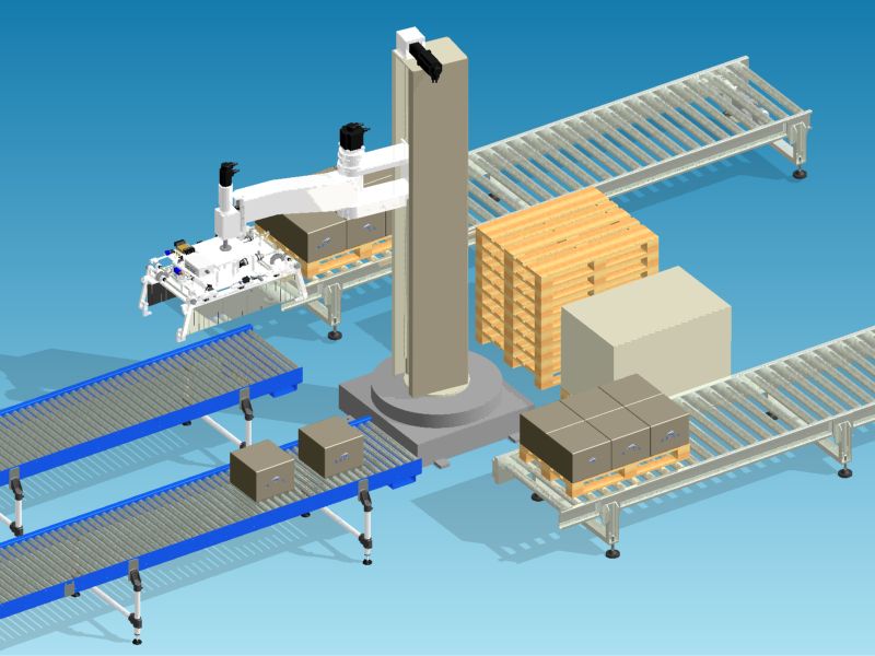 Palletizing cell with scara robot for the automation of two production lines