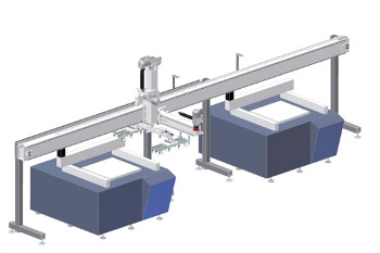 Special feeder made with Cartesian robot to serve two plotters